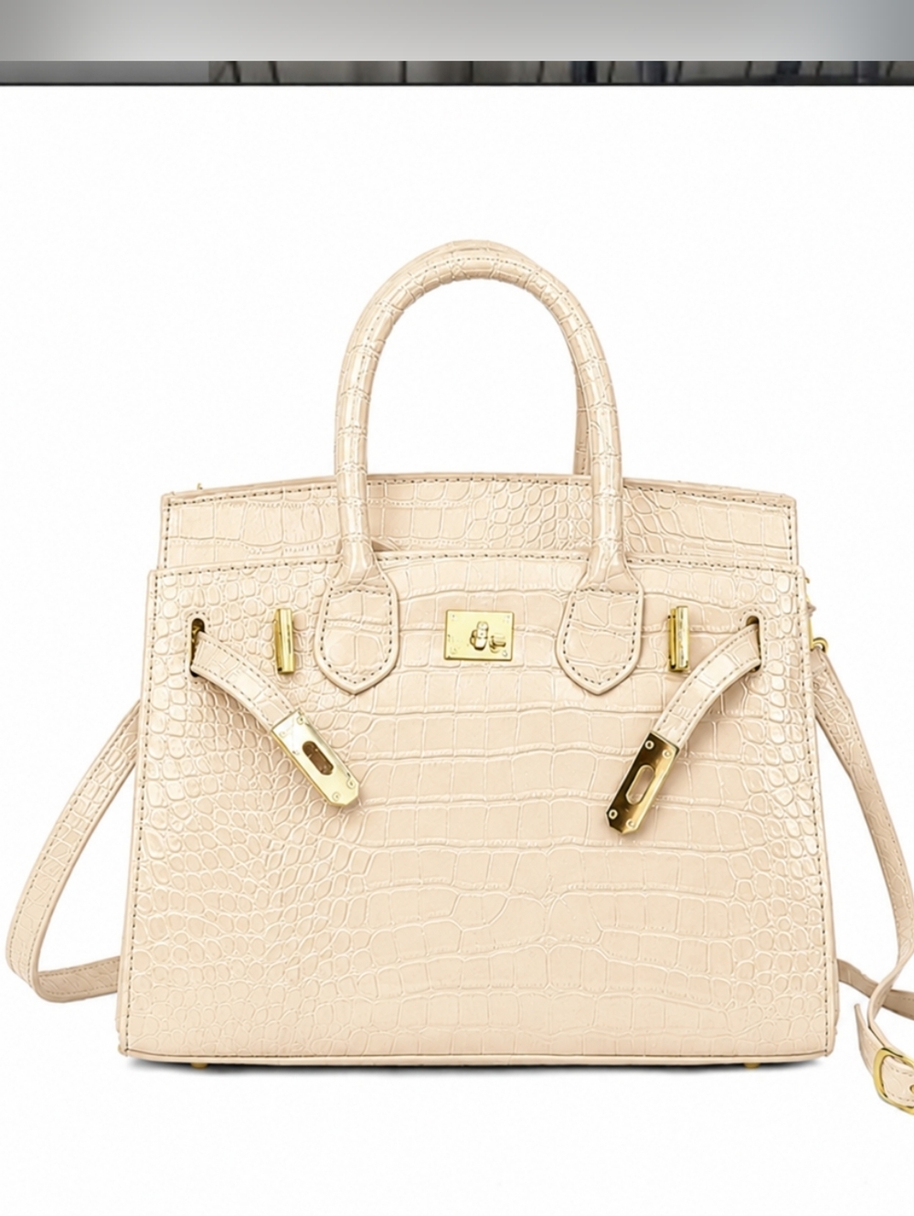 Elegant Cream Croc-Embossed Satchel Handbag with Gold Hardware